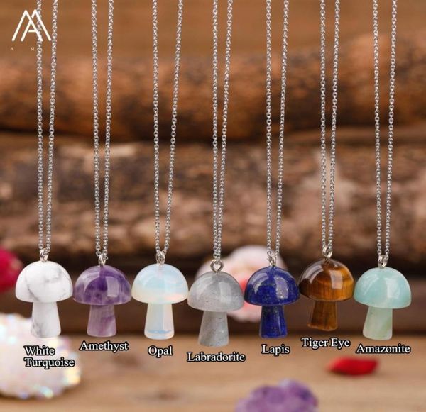 

natural stone carving mushroom shape pendant reiki healing crystal tiger eye rose quartz amethyst agate aventurines necklace for w2857653, Silver