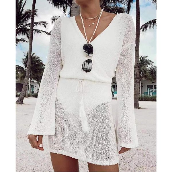 

swimwear 2023 bikini coverups beach white crochet tunic knitted summer mini dress long sleeves women swim suit cover up, White;black