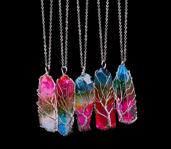 

rainbow crystal quartz pendants necklace for women natural stones hexagonal prism healing point life tree chakra pendulum yoga cha6394185, Silver