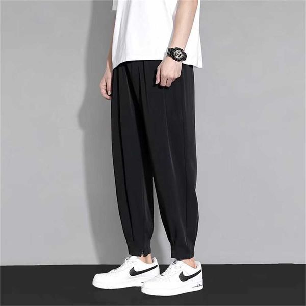 

men's ice summer silk fashion pants brand loose hanging feeling versatile casual nine point trousers men's legged sports pants okk, Black