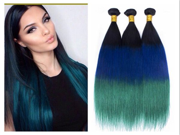 

1b blue teal ombre brazilian hair weave dark roots three tone colored human hair extensions straight virgin ombre hair bundles 3p4512098, Black