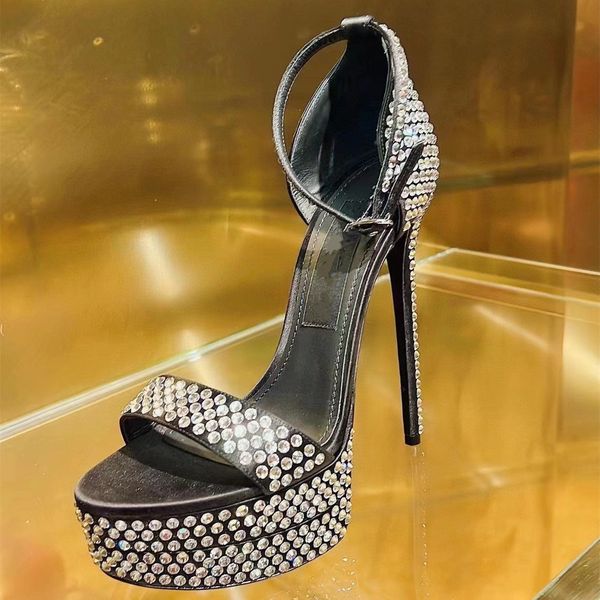 

summer lady women sandals black crystal strass genuine leather platform ankle strap strappy high heels sandalias de las mujeres zapatos muje