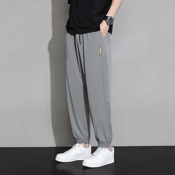 

silk work suit casual pants ice men's tied feet crop pants men's fashion brand summer thin loose large sports pants fu54, Black