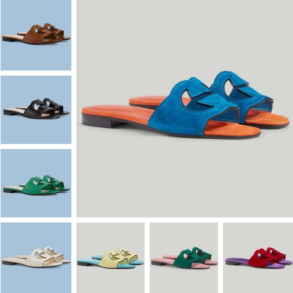 

summer luxury 23s/s women interlocking sandals shoes cut-out slide beach flats suede leather walking slip on slippers ladies flip flops eu35, Black