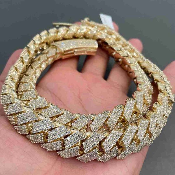 

hip hop luxury miami cuban chain 22mm width three rows moissanites miami cuban prong set full iced out cuban link chain necklace, Silver