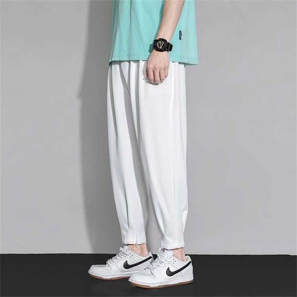 

men's ice fashion silk pants summer brand loose hanging feeling versatile casual nine point trousers men's legged sports pants 2h0, Black