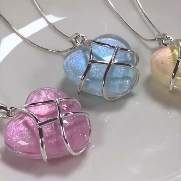 

cute blue pink heart pendant necklace for women men acrylic rhinestone barbie choker necklaces collar chain jewelry gift, Silver