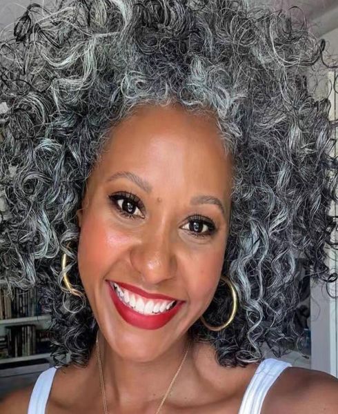 

grey wrap around ponytail hairpiece deep curly salt and pepper natural gray human hair pony tail fashion new 120g 140g 14inch 1pcs6549778, Black