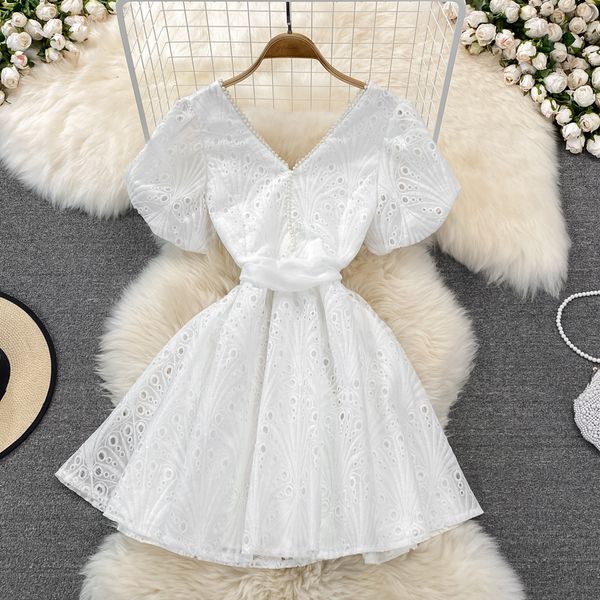 

french fairy dress 2023 summer high waist v-neck beaded bubble short sleeve white hollow a-line lace dress, Black;gray