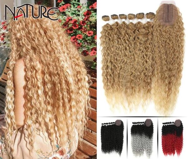 

nature hair afro kinky curly bundles extensions with closure ombre golden 30inch soft super long synthetic wave 2202165919502, Black;brown