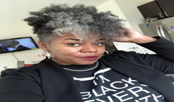 

african american grey short afro puff ponytail wrap black gray fake ponytail with drawstring clip silver human hair bun 120g6777184