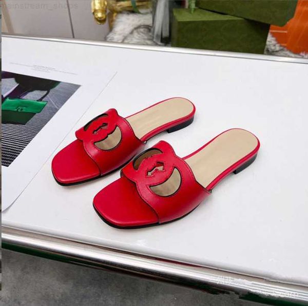 

women interlocking high-quality real leather slippers g cut-out slide sandal calf leather flat ladies fashion cutout wear shoes, Black