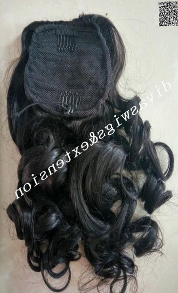 

long curly ponytail human hair women curly 1b clip drawstringremy pony tails hairpieces drawstringclip in human hair extension 1405331147, Black