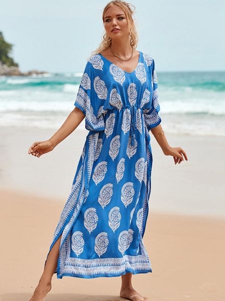 

swimwear beach cover up geometric printed kaftans for women slim waist short sleeve bathing suits maxi dresses tunic seaside beachwear, White;black