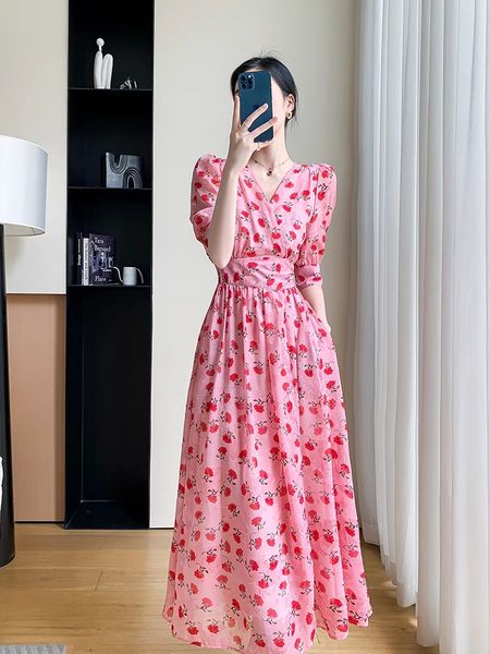 

printed dress women's 2023 summer new french style sweet and fresh waist shrinking mid length dress, Black;gray