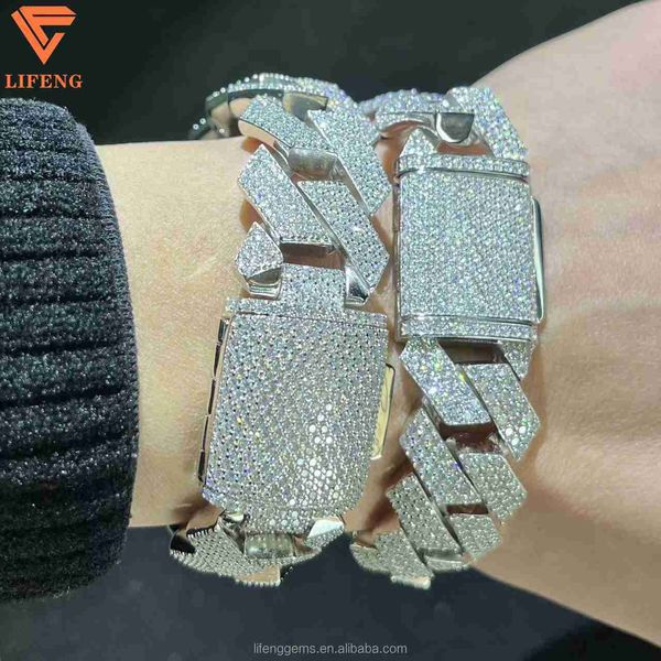 

15mm 18mm 20mm wide 3 rows of moissanite wax setting 925 sliver cuban link chain and iced out cuban link bracelet for men, Silver