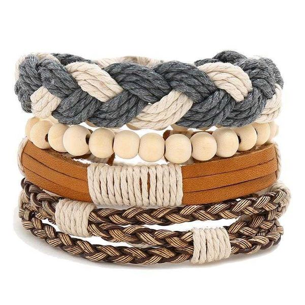 

wooden bead combination cowhide set mens bracelet vintage weave diy leather wrist string, Golden;silver