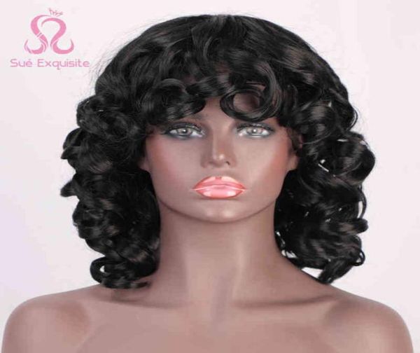 

hair sue exquisite synthetic short afro curly with bangs for black women loose shoulder length fluffy heat resistant fiber 2203013718603, Black;brown