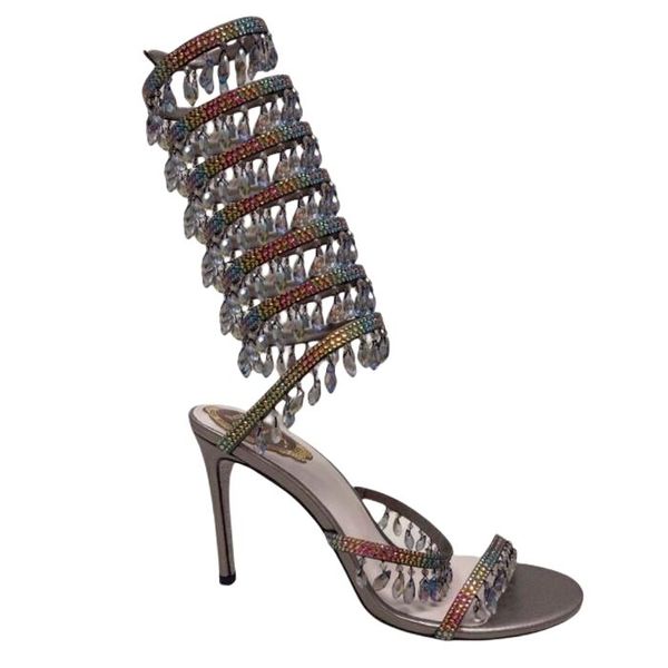 

rene caovilla stiletto heels sandals chandelier embellished satin sandals luxurys designers dress shoes ladies slipers rhinestone studded sa, Black