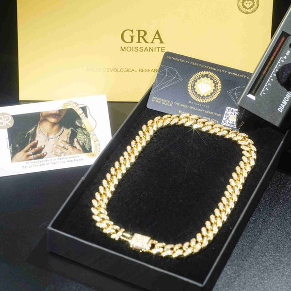 

style microscope vvs moissanite diamond 12mm hip-hop iced out 18k gold plated 925 sterling silver cuban link chain necklace