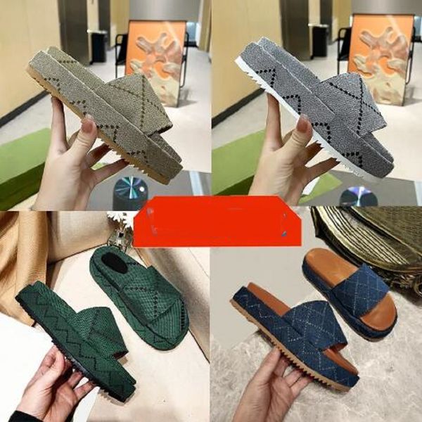 

new mid-heel platform slide sandals designer slipper fashion 5cm slides with box xad beige blue grey mouse printed canvas luxury summer men, Black