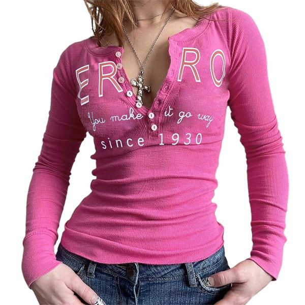 

t-shirt women's y2k fairy grunge long sleeve aesthetic slim fit blouse 90s letter print front button tee shirt autumn clothing, White