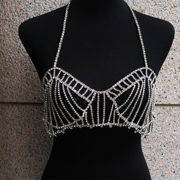 

erotic shiny bikini tassel bra chain rhinestone underwear body chain rhinestone stage nightclub performance clothes 1197, Silver