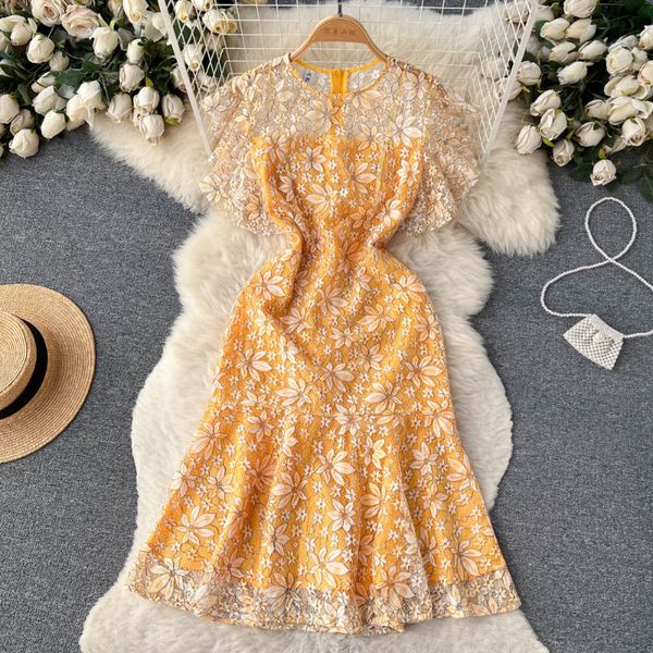 

casual dresses lace dresses women 2023 summer new o neck floral embroidery ruffles midi dress french elegant chic vintage vestidos, Black;gray