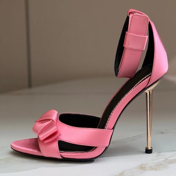 

metallic feeling high heel sandals 11cmwomen luxurious designer party wedding satin bowtie stiletto heel evening shoes ankle strap dress sho, Black