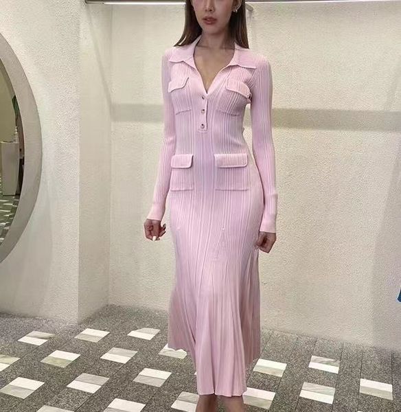 

casual dresses s-elf-portrait pink viscose knit midi dress v neck mermaid dress for women new, Black;gray