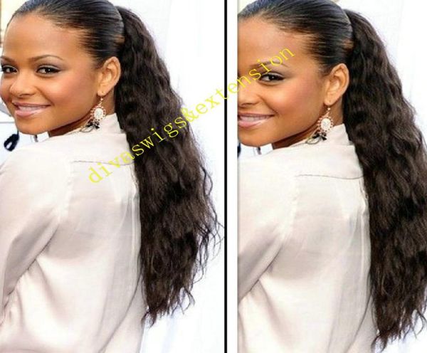 

peruvian 1pcs kinky curly hair drawstring ponytail 100 huamn hair loose wave clip extension nature color remy hair for women 100g1831215, Black