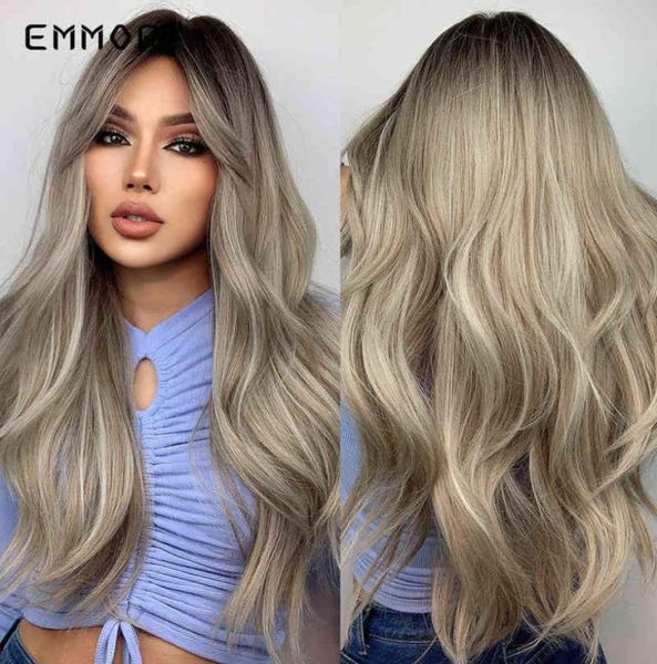 

hair emmor long wavy with bangs cosplay natural ombre brown to ash synthetic for women high temperature fiber 2203012200006, Black;brown