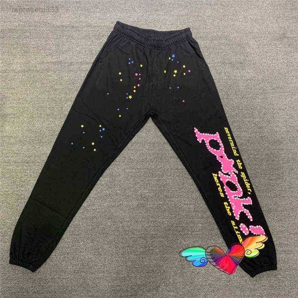 

men's pants white 3d foam logo sp5der sweatpants men women cobweb star graphic 555555 blue hip hop young thug trousers 488s, Black