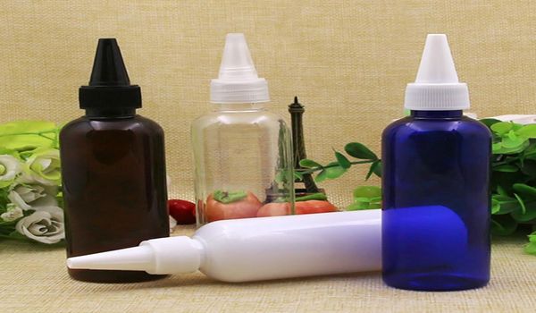 

60pcs 100ml empty plastic bottlewhite blue brown clear pet bottle with black clear pointed mouth cap5867486
