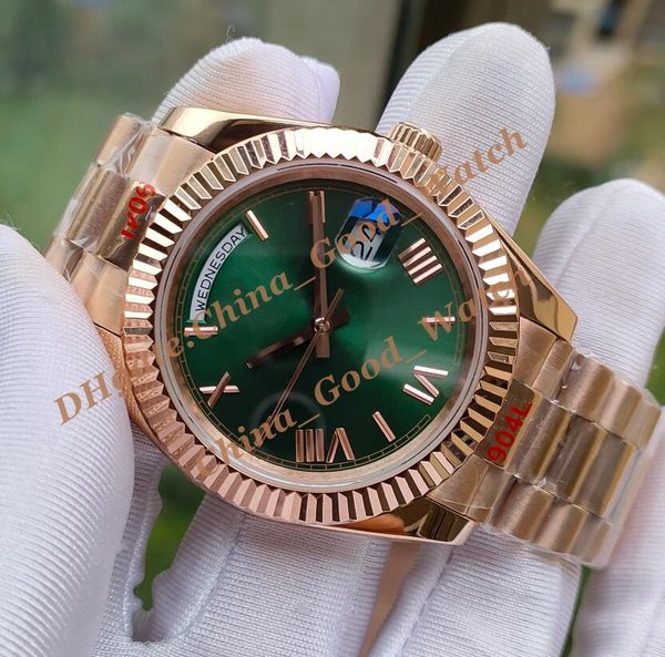 

u1f 41mm men's watches roman numerals green dial rose gold men watch automatic movement date mens wristwatches, Slivery;brown