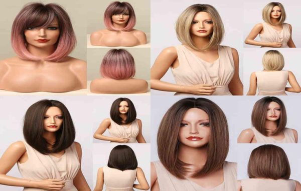 

hair henry margu short straight synthetic blonde ombre bob for women middle part natural hairs daily party heat resistant 2203017000481, Black;brown
