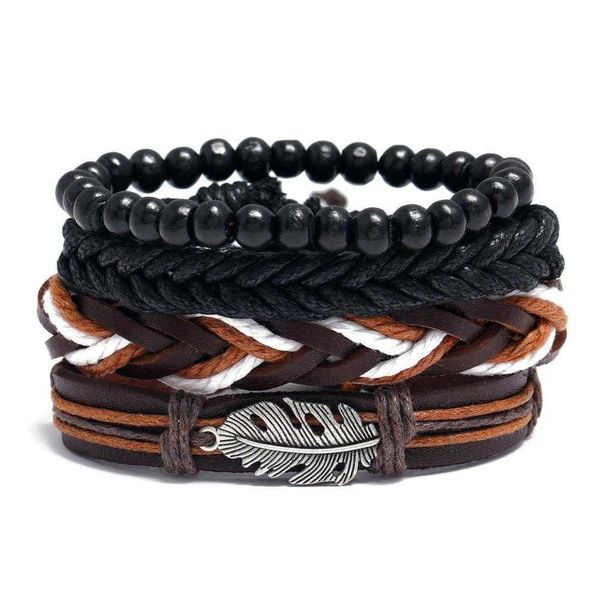 

ornament vintage weave mens leather bracelet diy combination set feather accessories, Golden;silver