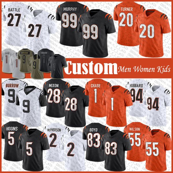 

mens custom 9 joe burrow 28 mixon football jersey jamarr chase tee higgins evan mcpherson sam hubbard tyler boyd logan wilson myles murphy d