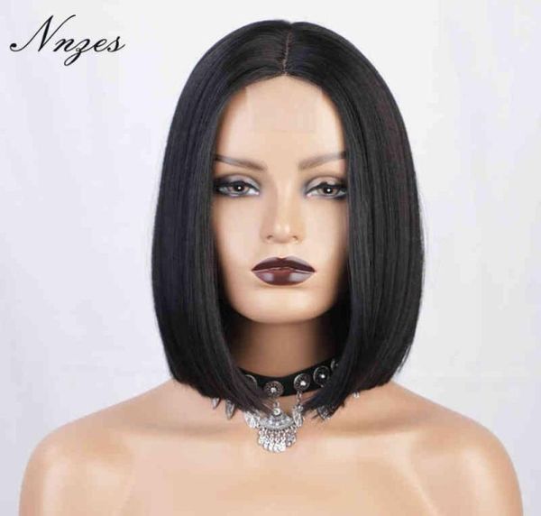 

hair nnzes 12inches middle part short straight black synthetic for women heat resistant fiber brown red bob 2203016023446, Black;brown