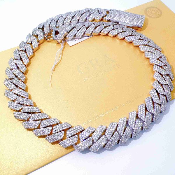 

3rows 18mm wide full iced out 925 sterling silver moissanite cuban link chain necklace for hip hop rappers