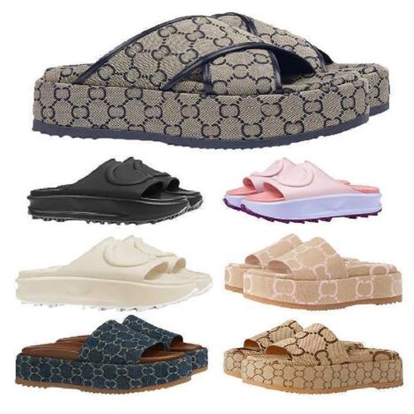 

eur35-42 slide designer women embossed macron sandals men slippers flip flops luxury flat thick bottom embroidery printed classic jelly rubb, Black