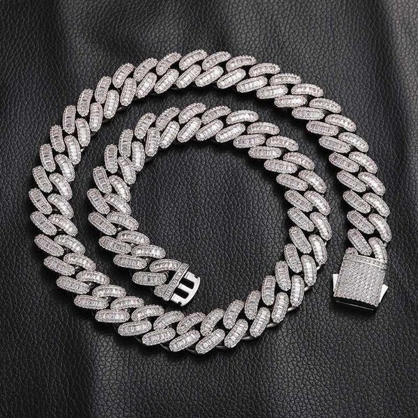 

baguette diamond 16mm cuban link chain hip hop white gold plated miami cuban link necklace iced out chain for men and women, Silver