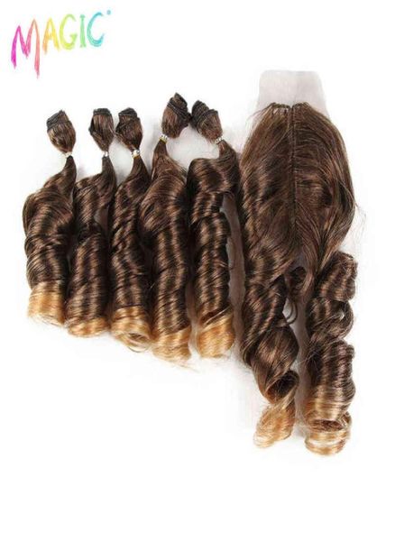 

magic loose wave bundles with closure synthetic weave hair 20 inch 6pcspack ombre brown hair extensions for women h2204294024894, Black