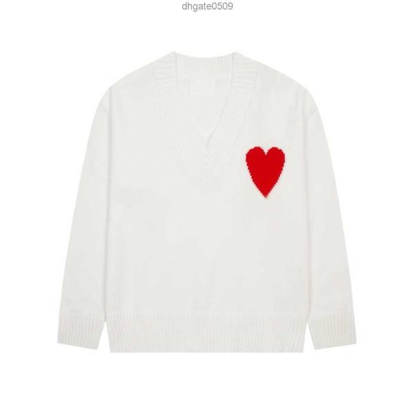 

amis paris fashion mens designer amies knitted sweater embroidered red heart solid color big love round neck short sleeve a t-shirt for men, White;black
