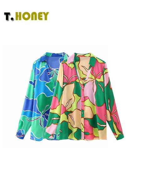

shirts tellhoney women fashion single breasted printed satin blouses female casual collared vneck with long sleeves loose lady shirts, White