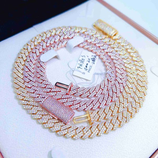 

iced out hip hop jewelry 2rows 10mm wide rose gold cuban link chain vvs moissanite necklace, Silver