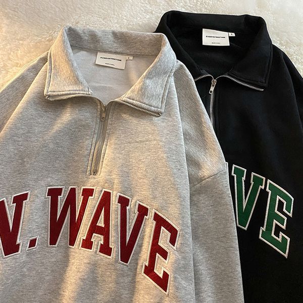 

american vintage hoodie women's 2023 autumn new polo neck alphabet embroidery senior sense zipper ins tide, Black