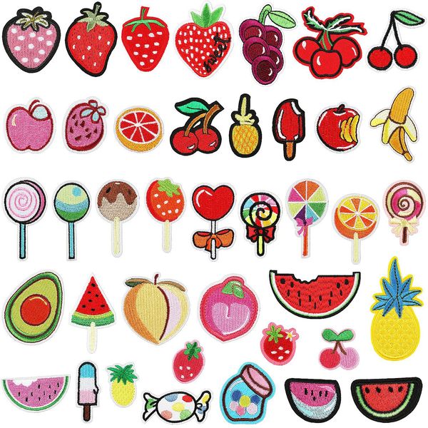 

notions 40 pieces assorted styles iron on patches fruits candy anime embroidered sew on decorative applique patch for diy jean jackets shirt, Black