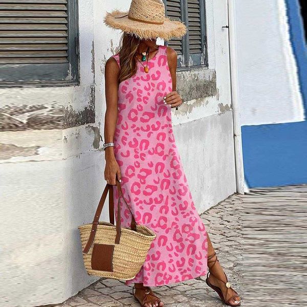 

womens leopard print casual sleeveless maxi dress high waist loose, Black;gray
