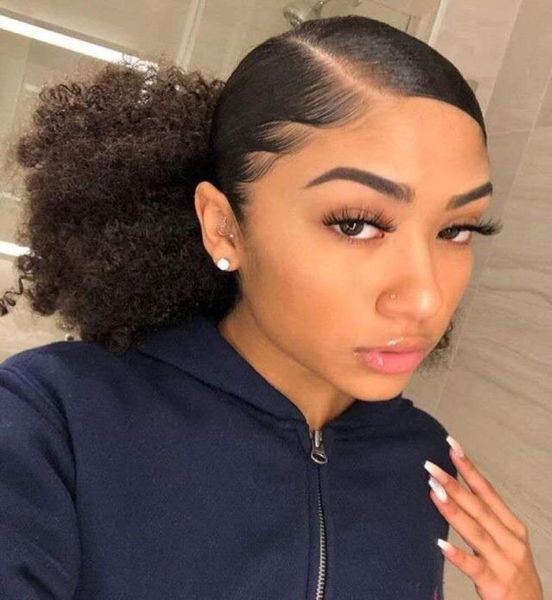 

beauty brazilian women kinky curly ponytail hairpiece clip in drawstring short high afro puff bun chignon human hair extension 1209876897, Black